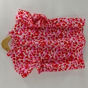 PINCH ruffle sleeve blouse large pink red print ruffle collar pull on top lined